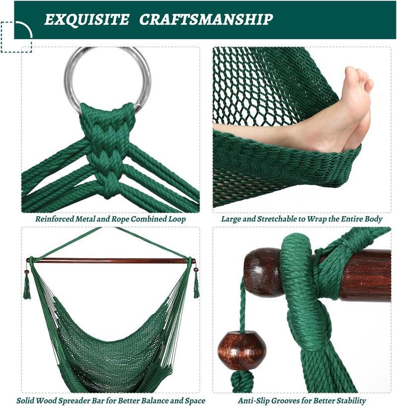 Bathonly Large Hammock Chair with Spreader Bar, Caribbean Hammock Swing Chair, XL Hammock Chair Outdoor Indoor, 330 LBS Weight Capacity, Green - Image 3